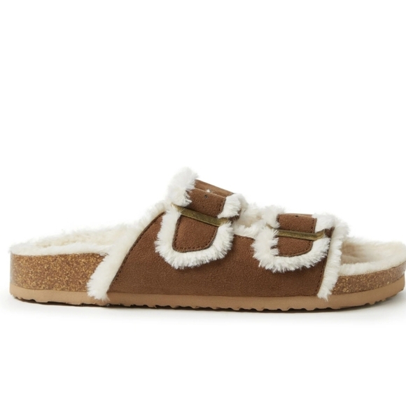 NWT EZ FEET CHESTNUT FUR LINED DOUBLE BUCKLE INDOOR/OUTDOOR SLIPPERS SZ 8 - Picture 3 of 7